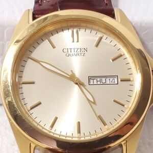 Vintage Citizen Men's Day Date Gold Plated Quartz Watch Brown Leather Strap SS